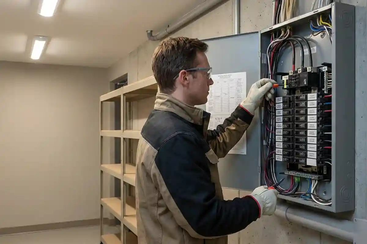 Electrician working on electrical panel