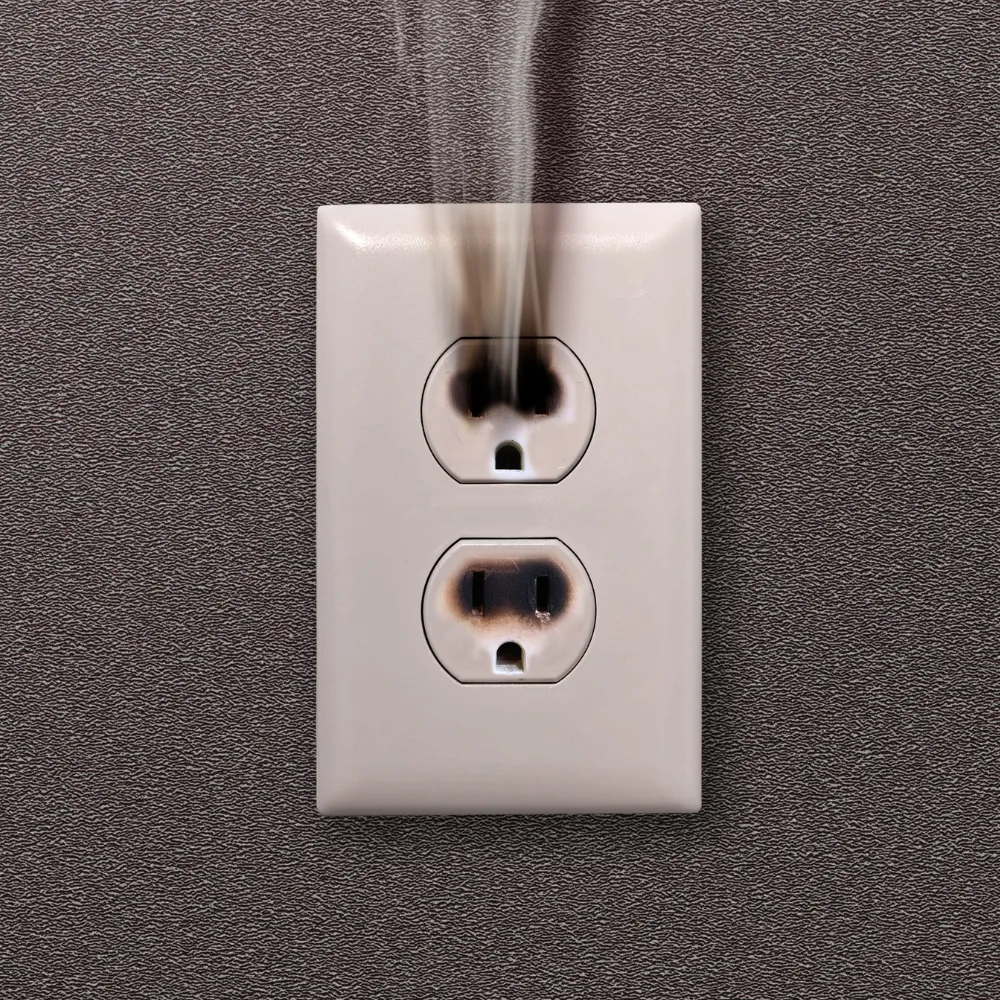 Burnt electrical outlet warning sign